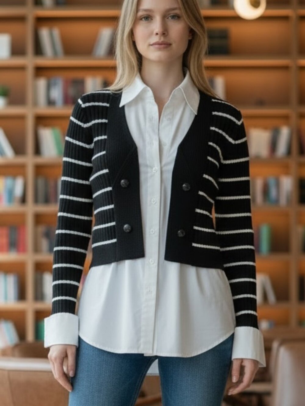 INC Stripe knit top with fake white shirt button up shirt S